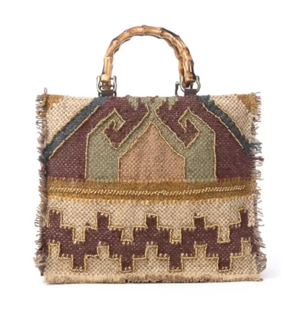 NWT Boutique Western Desert Loom Jute Tote Bag in Olive Amber